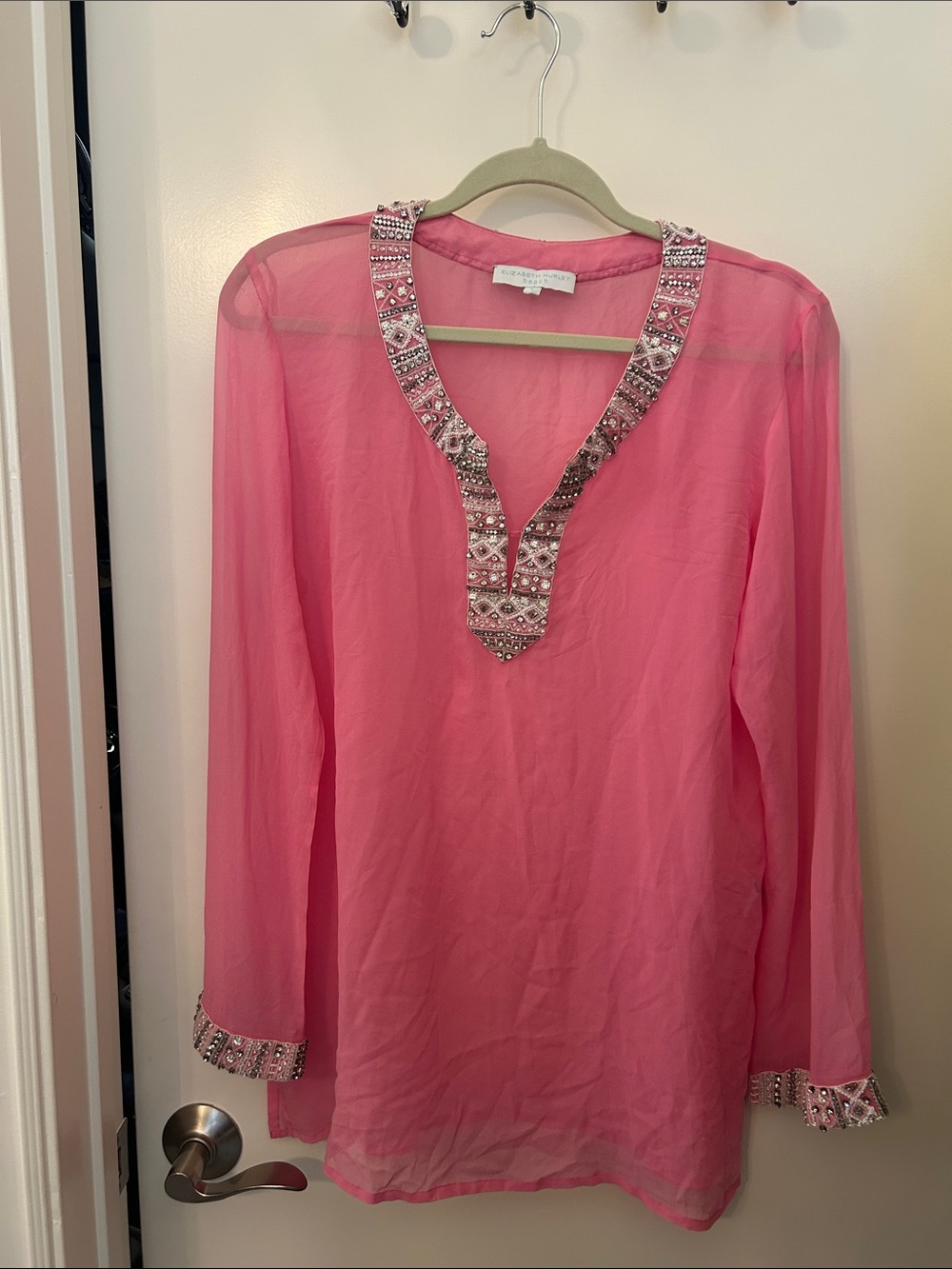 Elizabeth Hurley Pink Beaded V-Neck Sheer Tunic